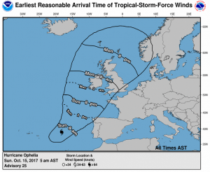 Expected arrival of storm force winds from Ophelia in Europe. Image: NHC