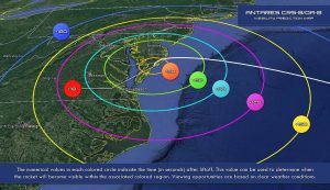 Map shows the area that should be able to view the rocket lifting up to space from NASA's Wallops Flight Facility in Virginia. Each band represents the time, in seconds after launch, the rocket should be visible in the sky. Image: Orbital ATK