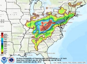 Chances of an ice storm are growing in the Ohio River Valley, Southeast, and Mid Atlantic. Image: NWS