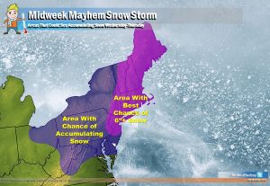 Another area of low pressure is forecast to intensify along the coast, bringing another plowable snow event to the northeast. While snow is possible in the shaded region, the purple area has the best chances of 6 inches or more of snow. It is too early to say with certainty how much snow will fall; such snowfall forecasts will likely be possible by late Monday ahead of Wednesday's impacts. Image: Weatherboy