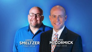 Aaron Smeltzer and Mike McCormick, of WYFF-TV, were killed today while covering the weather in Polk County, North Carolina. Image: WYFF-TV