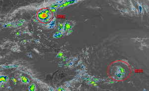 Satellite image shows two systems; Tropical Depression #3 which will likely become Tropical Storm Chris, and Tropical Storm Beryl. Image: NOAA