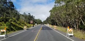 Highway 11 near Hawaii Volcanoes National Park has suffered from extensive damage in recent weeks that have opened up cracks and sinkholes while the ground shifts and sinks around the volcano. Photograph: Weatherboy
