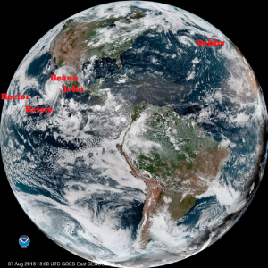 Globe view from GOES-16 shows several named systems in the Atlantic and Pacific hurricane basins. Image: NOAA