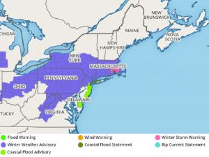 A variety of advisories and warnings have been issued by the National Weather Service for the next round of wet and wintry weather expected to impact the Northeast. Image: Weatherboy.com