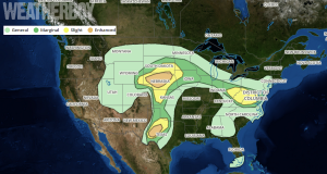 The National Weather Service's Storm Prediction Center is watching several areas for severe thunderstorm development today. Image: weatherboy.com