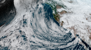 The current GOES-West satellite view shows an area of low pressure impacting California today. Image: NOAA
