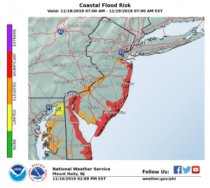 The National Weather Service believes some of the worst coastal flooding impacts from the coastal storm will be in New Jersey and Delaware. Image: NWS