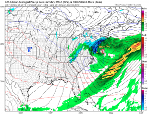 After the Thanksgiving Day low departs, a coastal snowstorm could take shape by Sunday/Monday, as the latest American GFS forecast model suggests. Image: tropicaltidbits.com
