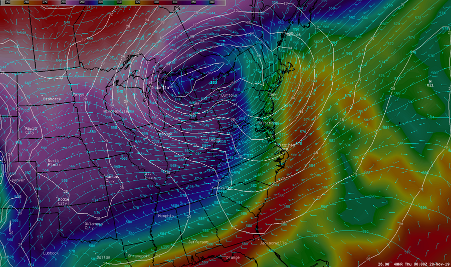 Tightly packed isobars around an area of low pressure is indicative of strong winds that'll blow through portions of the Northeast, the Mid Atlantic, and the Great Lakes this Thanksgiving. Image: NWS