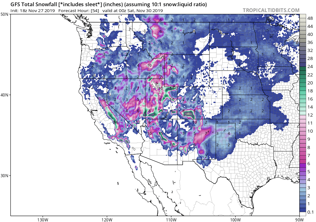 Significant snowfall between now and Friday could put people in a Christmas mood in time for Black Friday shopping. Image: tropicaltidbits.com