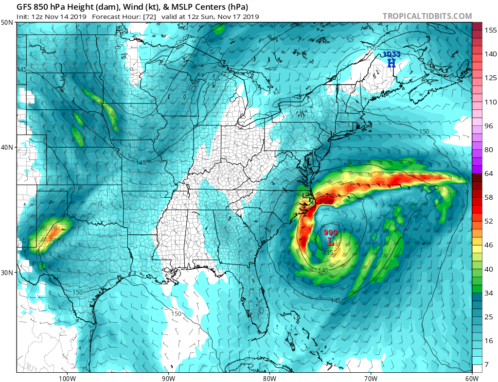 An upper air chart shows how a large area of low pressure is projected to form, based on the latest American GFS forecast model guidance. Image: tropicaltidbits.com