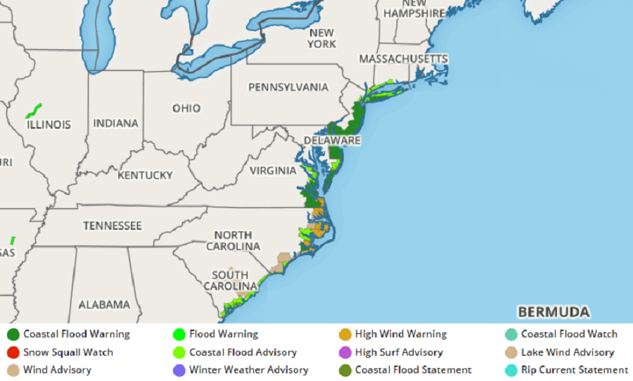 Coastal Flood Warnings and High Wind Warnings are among the advisories issued by the National Weather Service for the coastal storm. Image: weatherboy.com