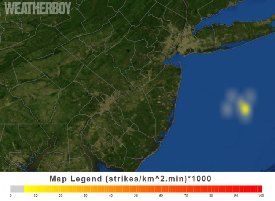 An area of lightning is expanding just east of the Jersey Shore. This area could rotate west into portions of New Jersey and New York. Image: weatherboy.com