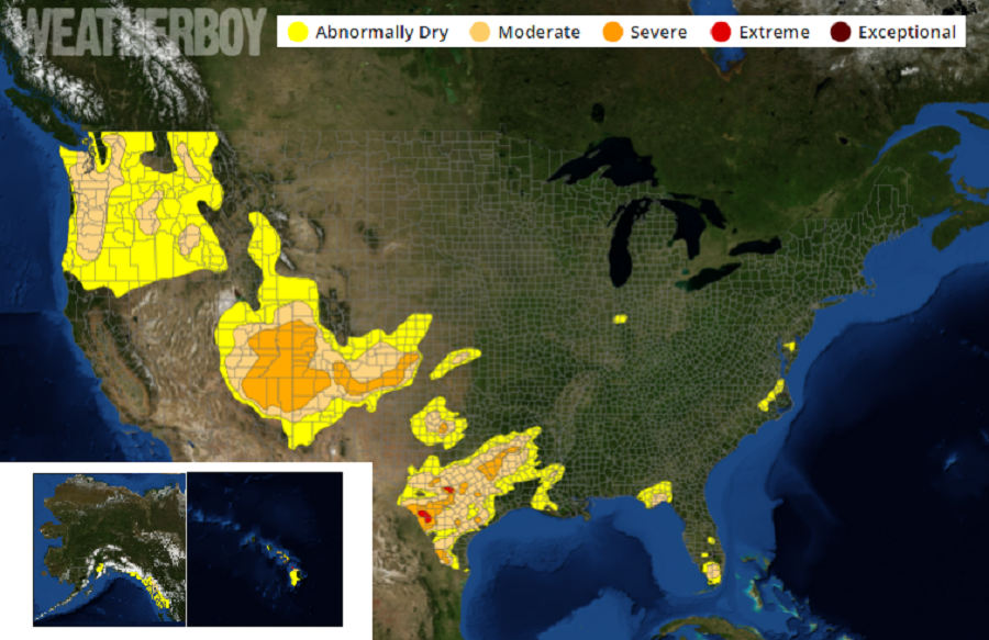 The latest Drought Monitor map for the entire U.S. shows limited drought coverage that is much lower than this time last year. Image: weatherboy.com