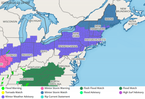 Winter Weather Advisories are up for light wintry precipitation that could make travel tricky tonight into tomorrow. Image: Weatherboy.com