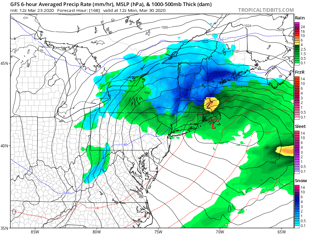 Today's snow won't be the last of it this season; a new storm should bring another round of accumulations next week too. Image: tropicaltidbits.com