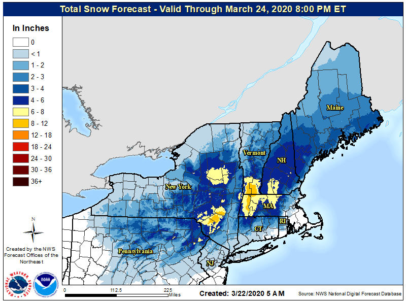 Accumulating snow is expected over portions of the northeast, prompting Winter Storm Watches and Winter Weather Advisories for some counties.  Image: NWS