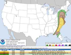 A large area of the eastern United States from southern New York state south to northern Florida could see tornadoes today; some tornadoes can be especially intense. Image: NWS