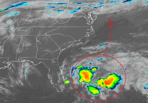 The latest GOES satellite shows the system forming this morning east of Florida; it could impact portions of the Mid Atlantic or New England by late Monday night or Tuesday. Image: NOAA