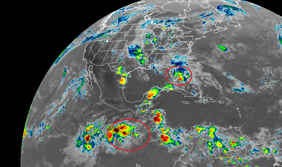 Two areas circled in red are being monitored by the National Hurricane Center for possible tropical development this week. Image: NOAA