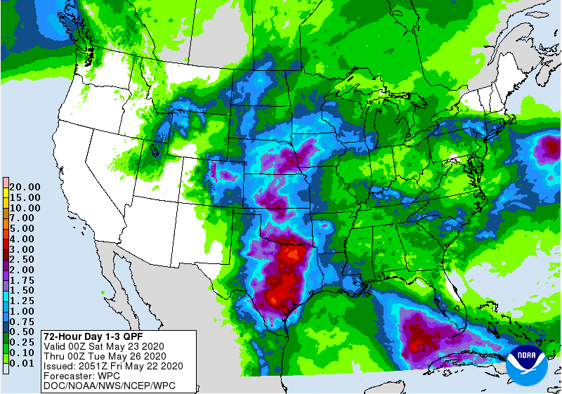 Expected rainfall over the holiday weekend.  Image: NWS