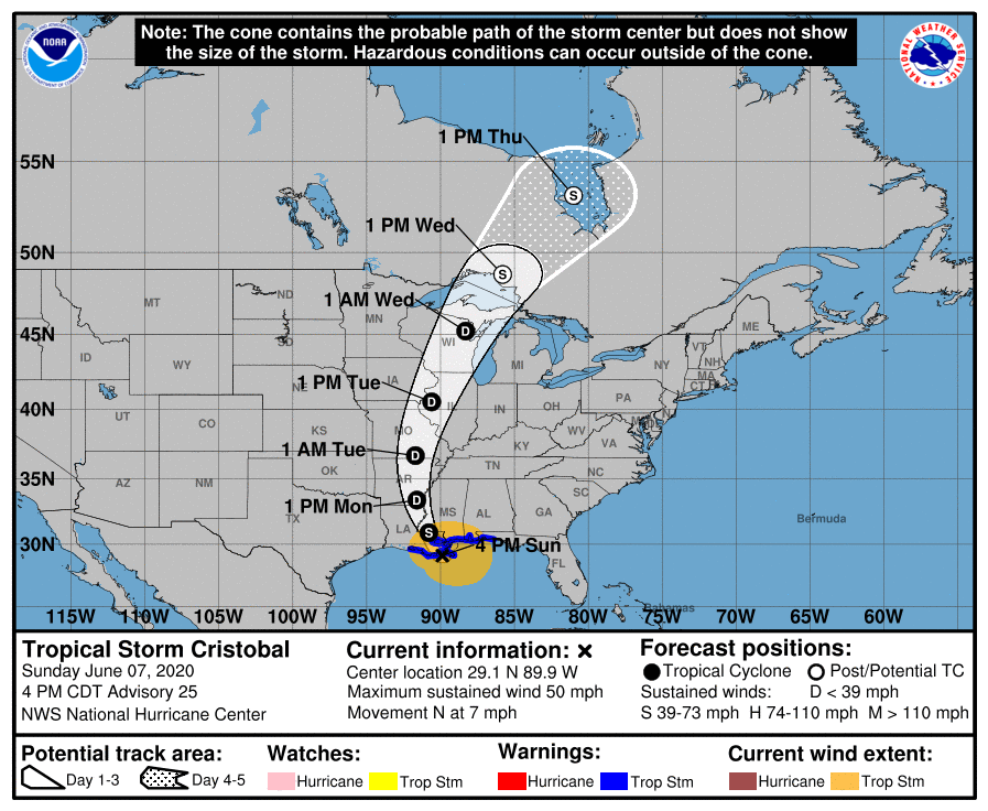 The official National Hurricane Center track eventually brings Cristobal into central Canada over time. Image: NHC