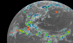 The stars mark where the National Hurricane Center is monitoring tropical activity in the Pacific and Atlantic hurricane basins. Image: NOAA