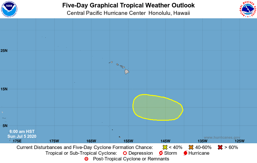 A disturbance south and east of Hawaii is being monitored for potential development by the Central Pacific Hurricane Center. Image: CPHC