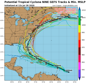Various tracks presented by different computer forecast models show the potential path of the storm over the next 5-10 days. Image: tropicaltidbits.com