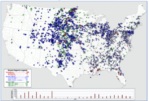 This map from the National Weather Service's Storm Prediction Center plots out tornado and severe weather events across the country for June. While it looks like a lot, this is considerably less than normal for June. Image: NWS