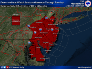 Excessive Heat Watch is in effect for the area in red.  Image: NWS