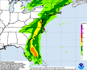 Some of the worst flooding with Isaias could occur over portions of the east coast from South Carolina north to New Jersey. Image: NWS