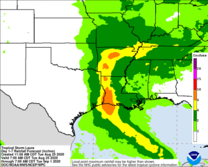 Laura will produce flooding rains as it moves inland.  Image: NHC