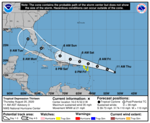 Tropical Depression #13 is forecast to be a hurricane by the time it approaches Florida early next week. Image: NHC