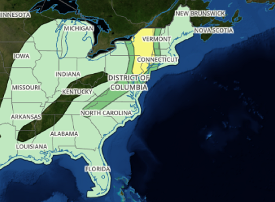 While severe thunderstorms are possible in the dark green area on this map, the yellow area has the best chance of seeing severe storms today. There's also a risk of tornadic cells in the yellow area. Image: weatherboy.com