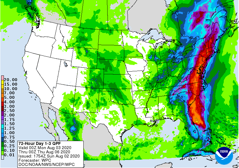 Extremely heavy rains from Isaias will create flood problems up/down much of the U.S. East Coast. Image: NWS