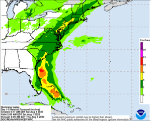 Some of the worst flooding with Isaias could occur over South Carolina, Maryland, Delaware, New Jersey, Pennsylvania, New York, and Connecticut. Image: NWS