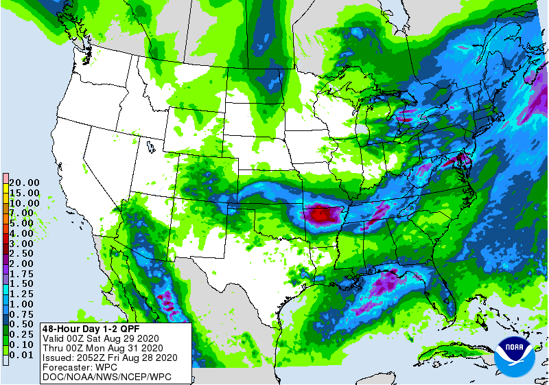 Expected rainfall over the next 48 hours. Image: NWS