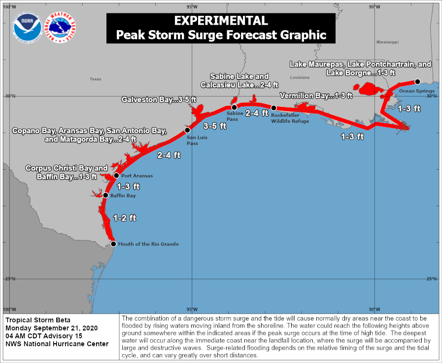 The National Hurricane Center believes there continues to be a storm surge threat from Beta through tomorrow along portions of the Gulf coast. Image: NHC