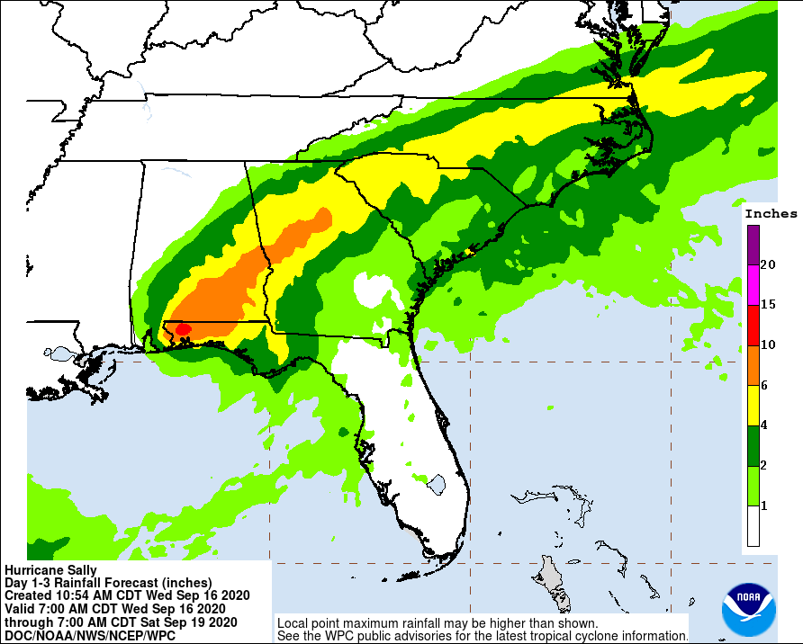 Epic, heavy rains will continue to soak the southeast from slow-moving Sally over the next 1-3 days. Image: NWS