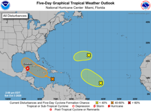 There are three areas of concern beyond Gamma in the Atlantic Hurricane Basin; one of them is likely to become a tropical depression in the coming days. Image: NHC