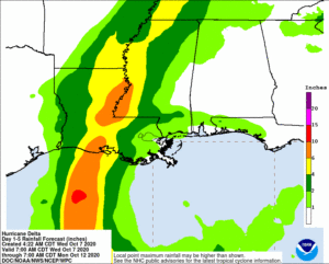 Flooding rains are likely even well inland as Delta moves north with time.  Image: NWS
