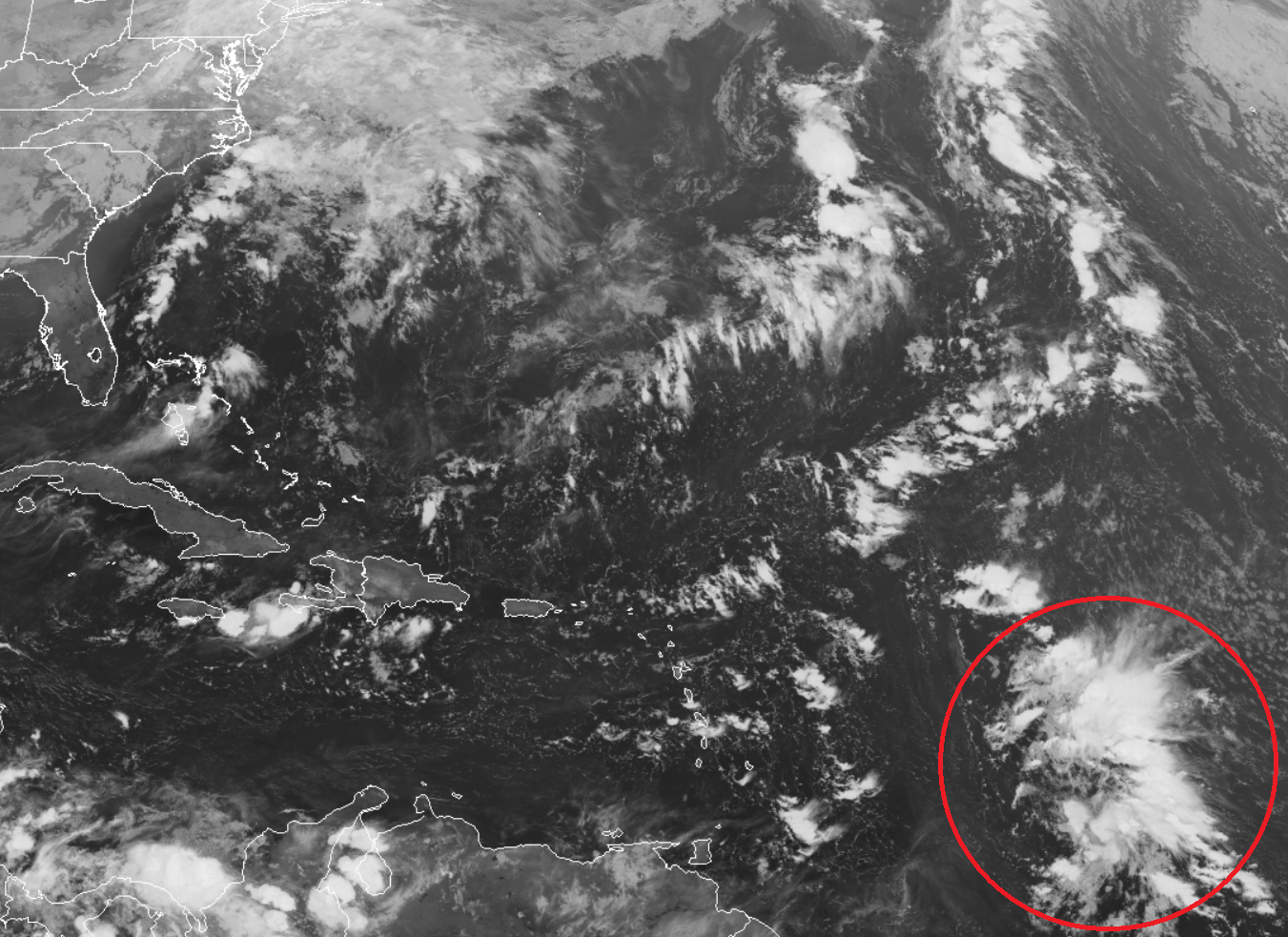 The latest GOES-East weather satellite shows an area being closely watched for signs of possible tropical cyclone development. Image: NOAA