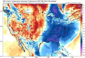 Blue areas show below normal temperatures while red reflects areas that should see above normal temperatures on Thanksgiving afternoon. Image: tropicaltidbits.com