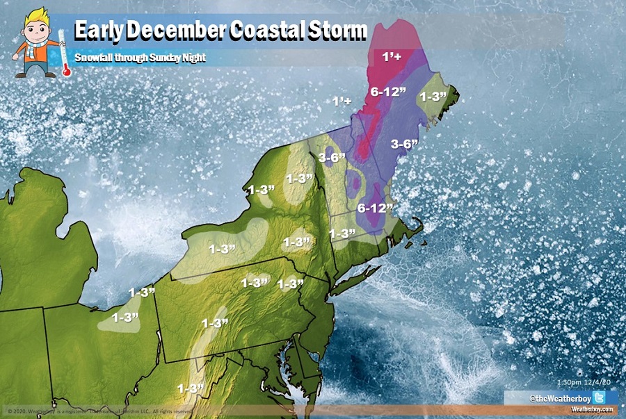 More than a foot of snow could fall over interior portions of northern New England this weekend. Image: weatherboy.com