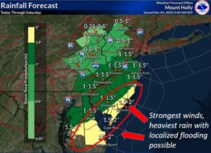 Both heavy rain and gusty winds could impact portions of Delaware and New Jersey in the height of the storm. Image: NWS