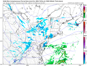 This high-resolution, short-term computer forecast model depicts the location of possible snow squalls in portions of Pennsylvania, New York, New Jersey, and Delaware tomorrow morning. Image: tropicaltidbits.com