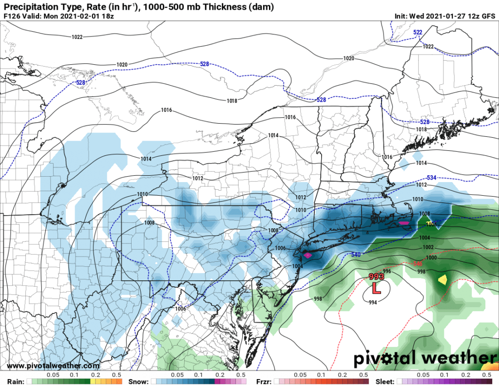 This afternoon's run of the American GFS forecast model suggests a similar storm evolution to what the European model is calling for. Image: pivotalweather.com