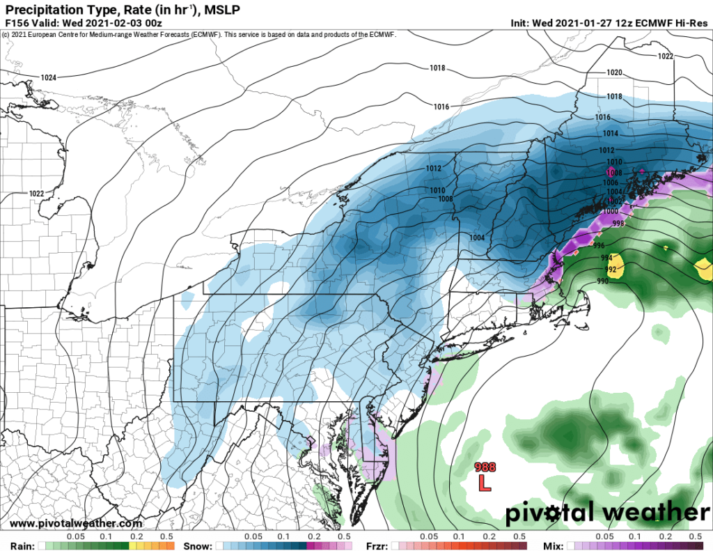 Today's run of the European ECMWF forecast model shows the system currently in the western U.S. eventually redeveloping off the U.S. east coast early next week. Image: pivotalweather.com